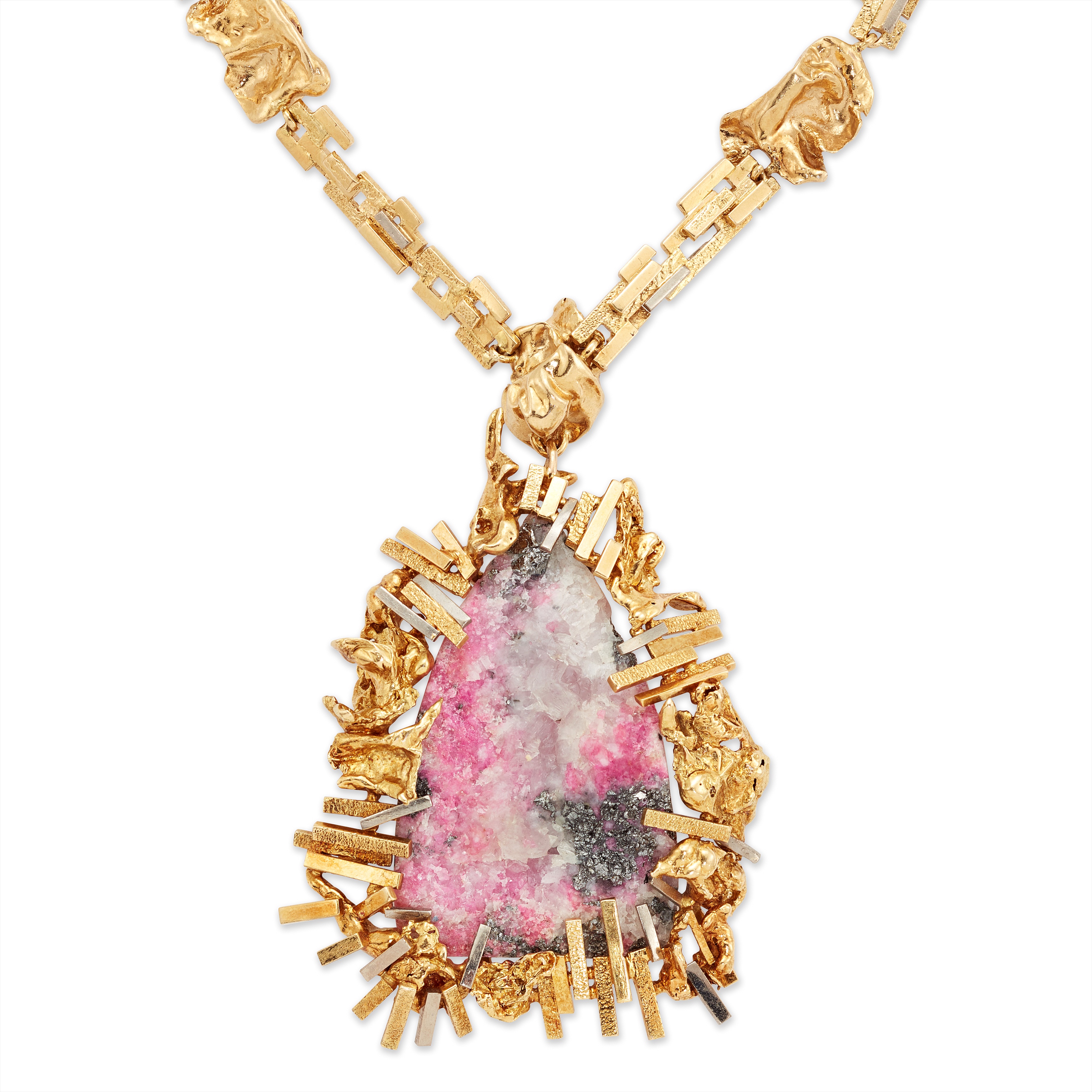 TWO- COLOUR GOLD AND RHODOCHROSITE PENDANT BY GILIAN PACKARD