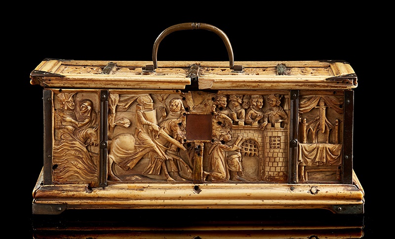 RARE AND IMPORTANT FRENCH GOTHIC IVORY COMPOSITE CASKET CIRCA 1330