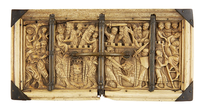 RARE AND IMPORTANT FRENCH GOTHIC IVORY COMPOSITE CASKET CIRCA 1330
