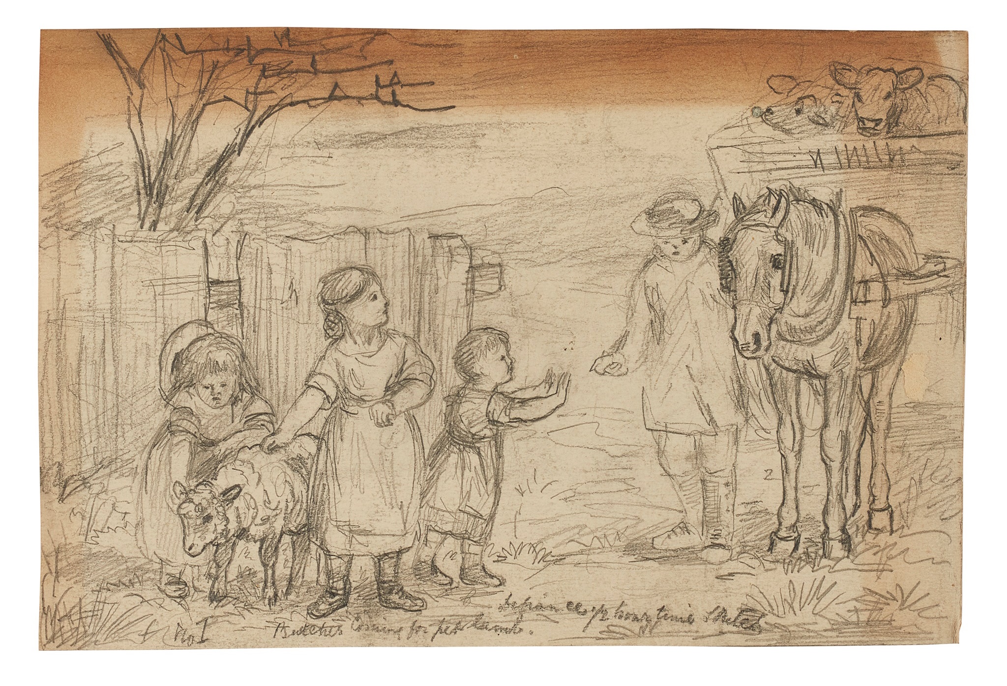 HANNAH BARLOW (1851-1916) ‘DEFIANCE- BUTCHER COMING FOR HER LAMB’, HALF-HOUR TIME SKETCH, CIRCA 1870