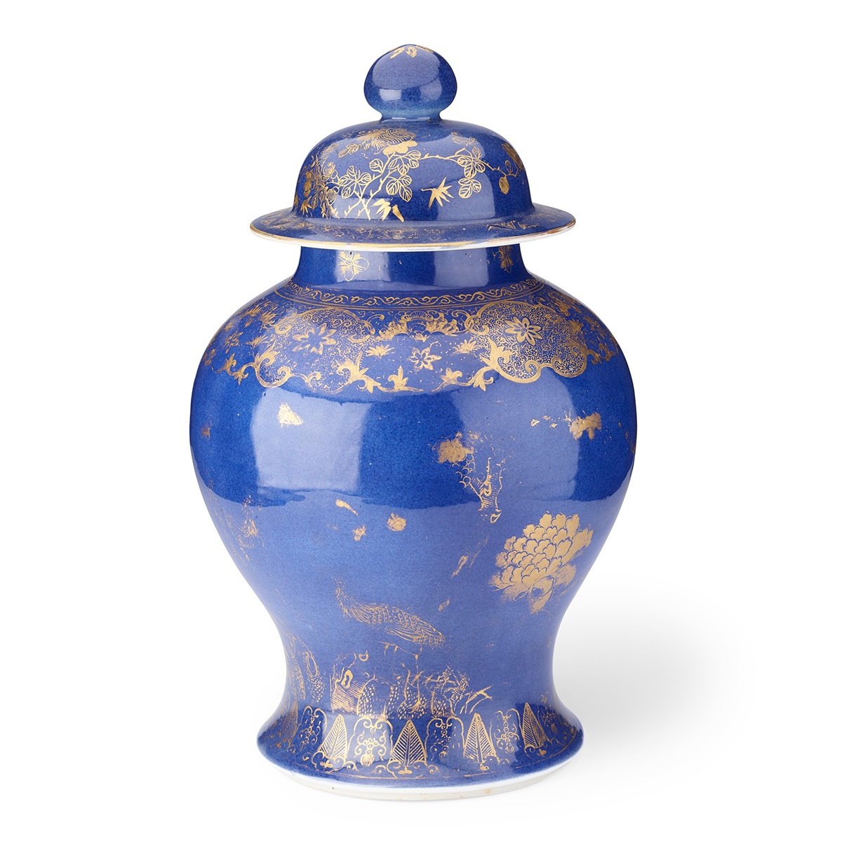 LOT 162 | GILT-DECORATED POWDER-BLUE-GLAZED BALUSTER VASE WITH COVER | QING DYNASTY, 18TH CENTURY 清 灑藍地描金花鳥紋將軍罐 | £400 - £600 + fees