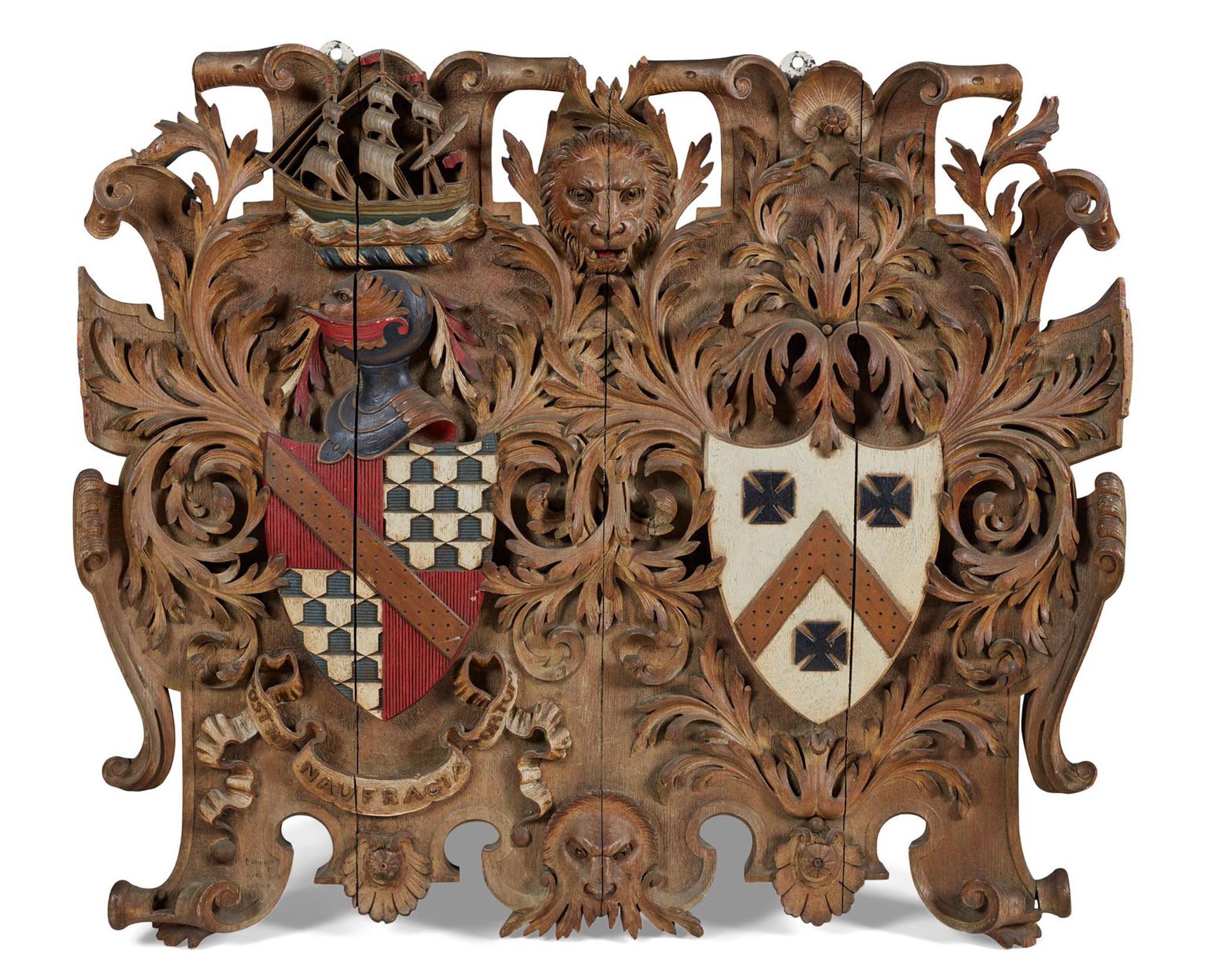 LOT 412 | LARGE VICTORIAN CARVED AND POLYCHROMED OAK COAT-OF-ARMS FOR STRICKLAND-CONSTABLE SIGNED AND DATED 1890 | £1,500 - £2,500 + fees