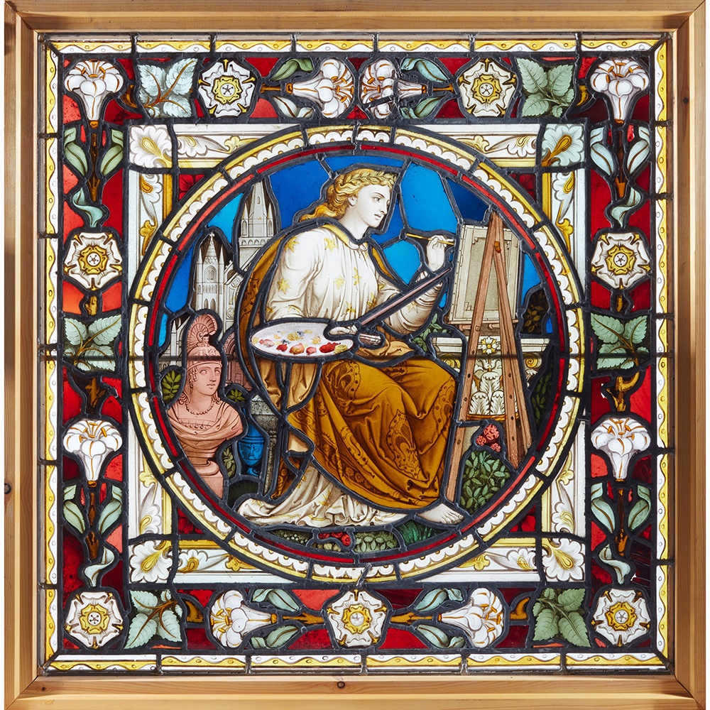 LOT 8 | JOHN R. CLAYTON (1827-1913) (ATTRIBUTED DESIGNER) FOR CLAYTON & BELL | 'ART', GOTHIC REVIVAL STAINED GLASS PANEL, CIRCA 1865 | £3,000 - £5,000 + fees