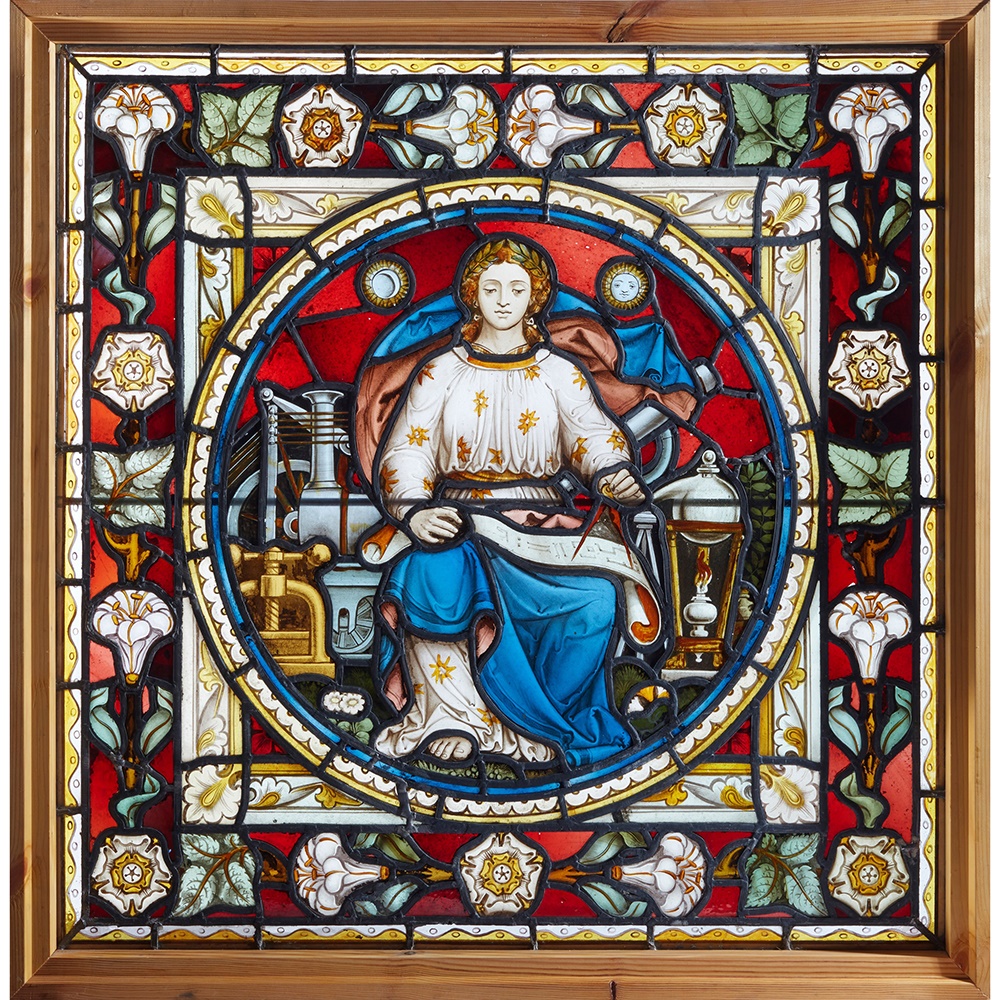 LOT 9 | JOHN R. CLAYTON (1827-1913) (ATTRIBUTED DESIGNER) FOR CLAYTON & BELL | 'SCIENCE': GOTHIC REVIVAL STAINED GLASS PANEL, CIRCA 1865 | £3,000 - £5,000 + fees
