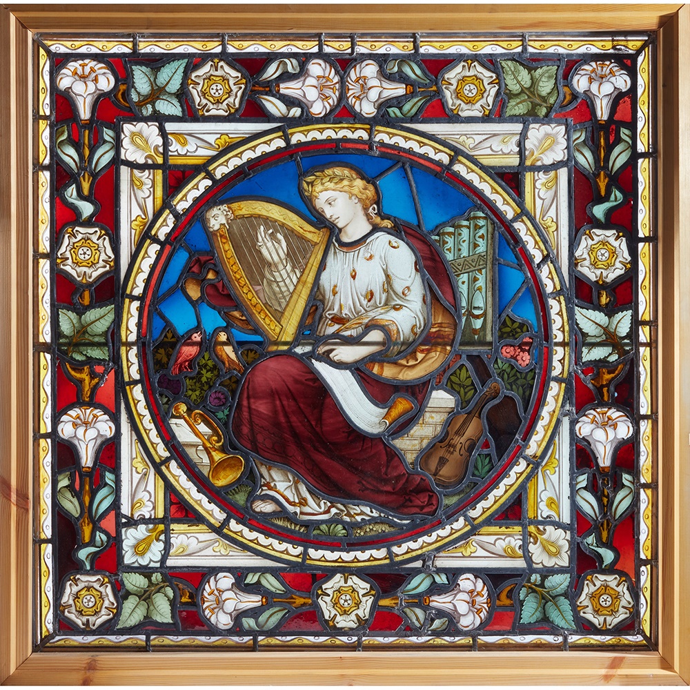 LOT 7 | JOHN R. CLAYTON (1827-1913) (ATTRIBUTED DESIGNER) FOR CLAYTON & BELL | 'MUSIC', GOTHIC REVIVAL STAINED GLASS PANEL, CIRCA 1865 | £3,000 - £5,000 + fees
