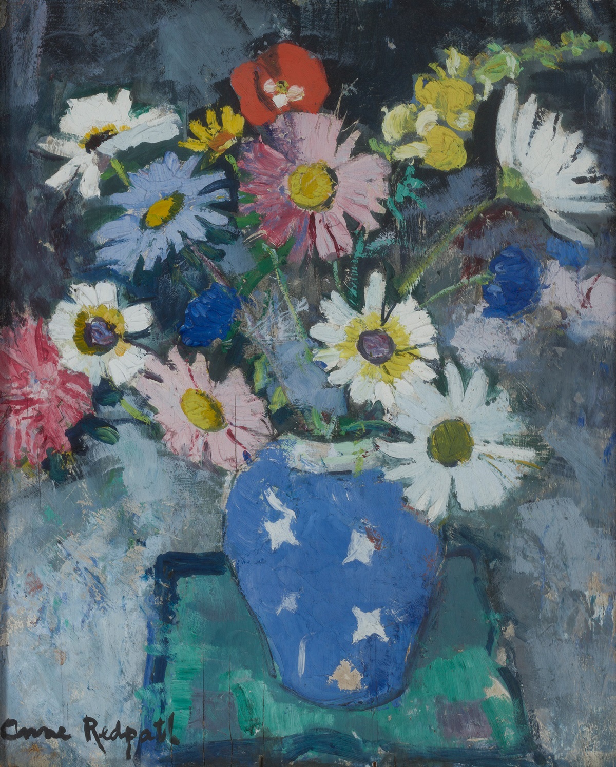 ANNE REDPATH O.B.E., R.S.A., A.R.A., L.L.D., A.R.W.S., R.O.I., R.B.A. (SCOTTISH 1895-1965) | MARGUERITES IN A BLUE AND WHITE VASE | £15,000 - £20,000 + fees
