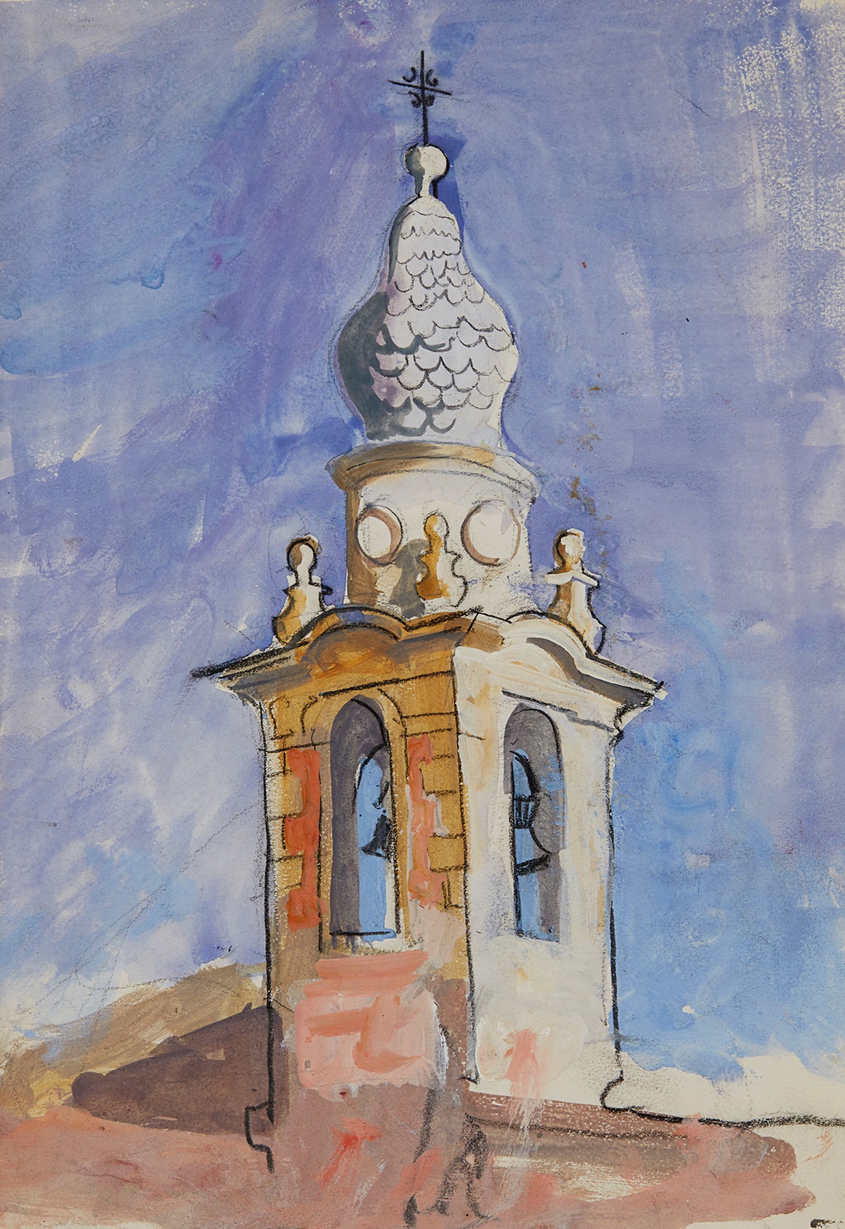LOT 152 | ANNE REDPATH O.B.E., R.S.A., A.R.A., L.L.D., A.R.W.S., R.O.I., R.B.A. (SCOTTISH 1895-1965) | BELL TOWER, PORTUGAL  Charcoal and watercolour | 38cm x 27cm (15in x 10.5in) | £800 - £1,200 + fees