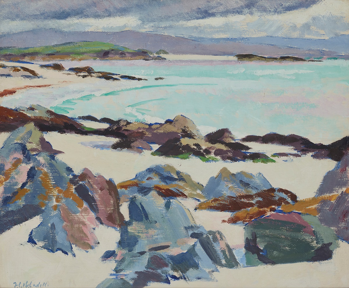 LOT 138 | FRANCIS CAMPBELL BOILEAU CADELL R.S.A., R.S.W. (SCOTTISH 1883-1937) | IONA, EAST BAY – THE LITTLE ISLAND AND MULL | oil on panel | 38 x 45cm | £40,000 - £60,000 + fees