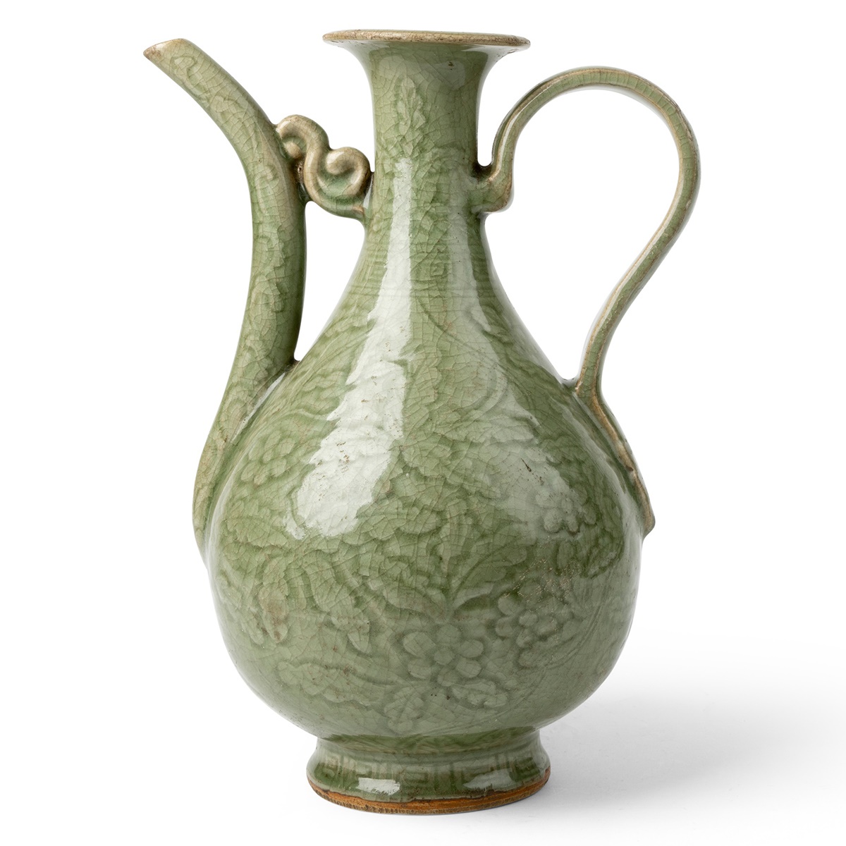 LOT 92 | LONGQUAN CELADON-GLAZED CARVED 'FLORAL' EWER | MING DYNASTY OR LATER 明或以後 龍泉青釉刻花執壺 | £2,000 - £3,000 + fees