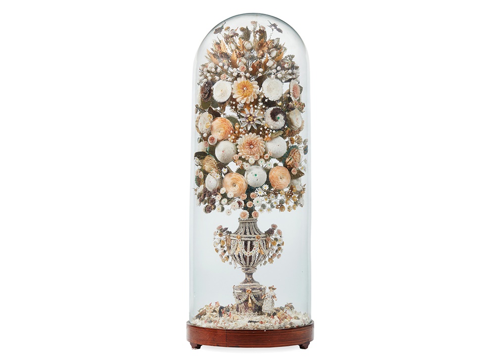 288 LARGE SHELL-WORK FLOWER DISPLAY AND DOME 19TH CENTURY