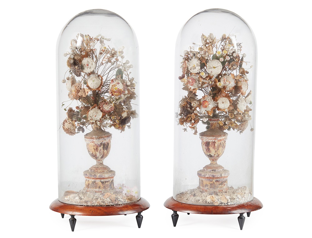 LOT 289 | PAIR OF SHELL-WORK FLOWER DISPLAYS IN DOMES | EARLY 19TH CENTURY | £600 - £800 + fees