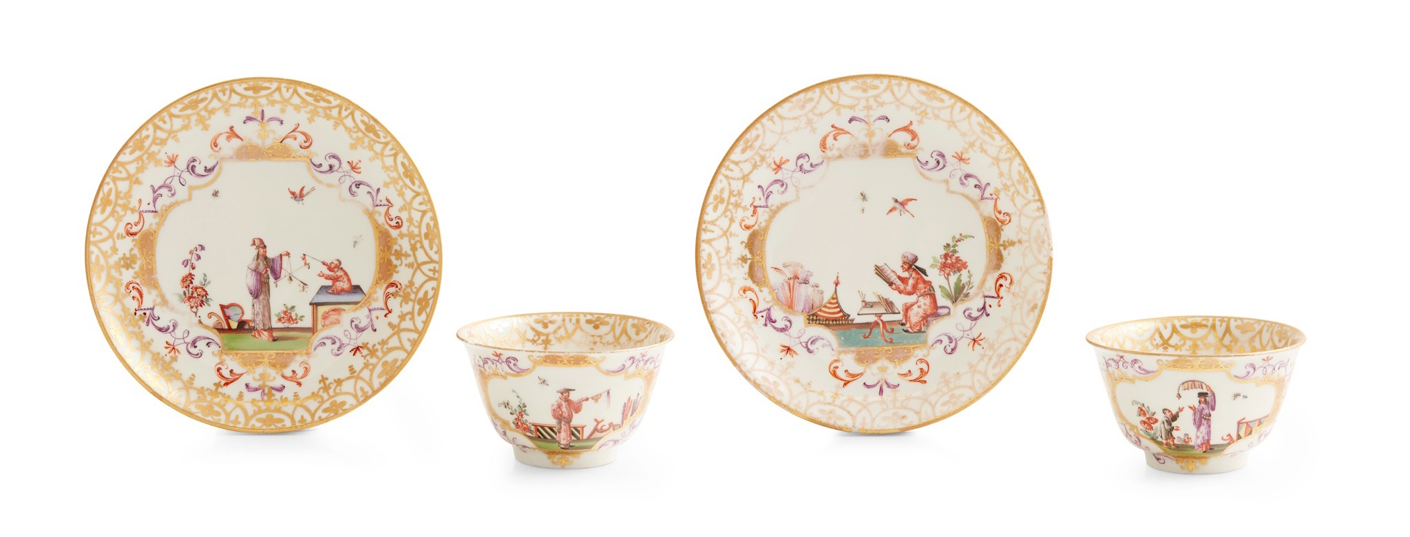 TWO MEISSEN TEABOWLS AND SAUCERS