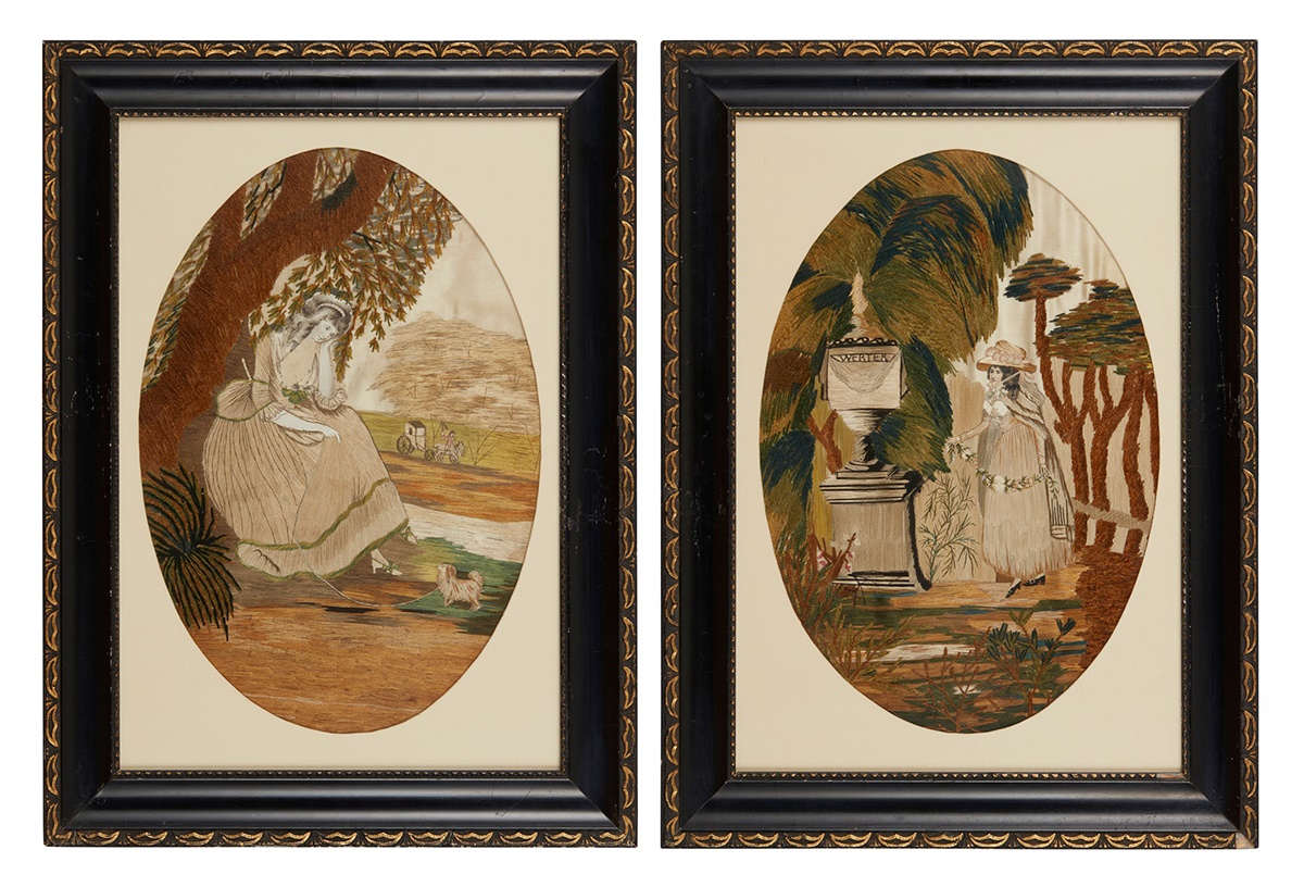 PAIR OF LATE GEORGIAN NEEDLEWORK AND WATERCOLOUR MOURNING PICTURES LATE 18TH/ EARLY 19TH CENTURY
