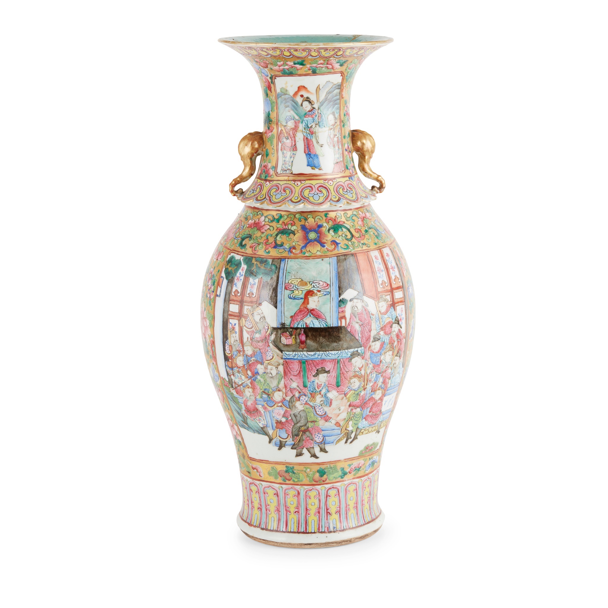 LOT 216 | LARGE CANTON FAMILLE ROSE 'WARRIOR' BALUSTER VASE | QING DYNASTY, 19TH CENTURY 清 廣彩開光人物紋象耳大瓶 | £300 - £500 + fees