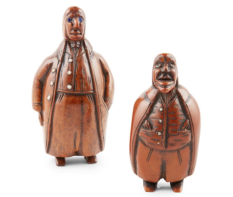 LOT 284 | TWO CARVED COQUILLA NUT CHARACTER SNUFF BOXES | 19TH CENTURY | £400 - £600 + fees