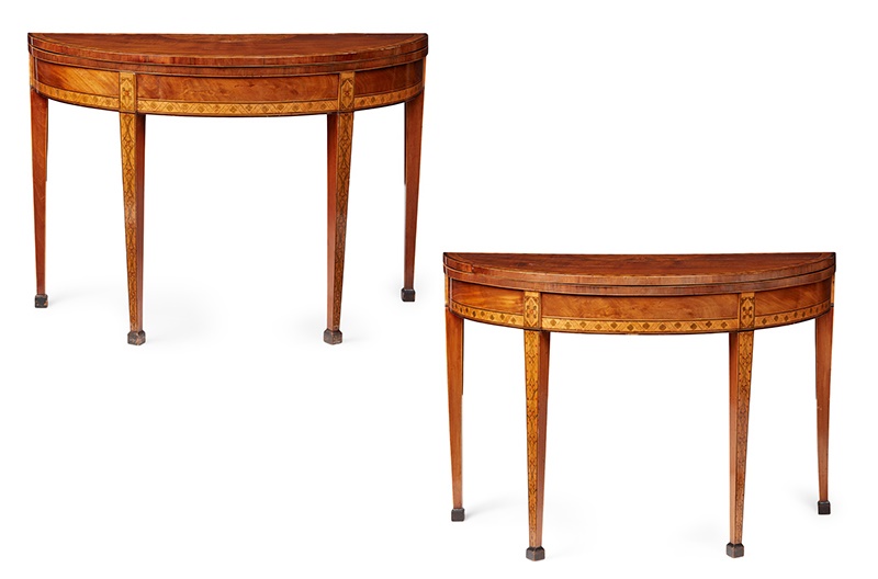 LOT 128 | PAIR OF GEORGE III MAHOGANY, SATINWOOD, FRUITWOOD AND PENWORK CARD TABLES LATE 18TH CENTURY | £6,000 - £8,000 + fees