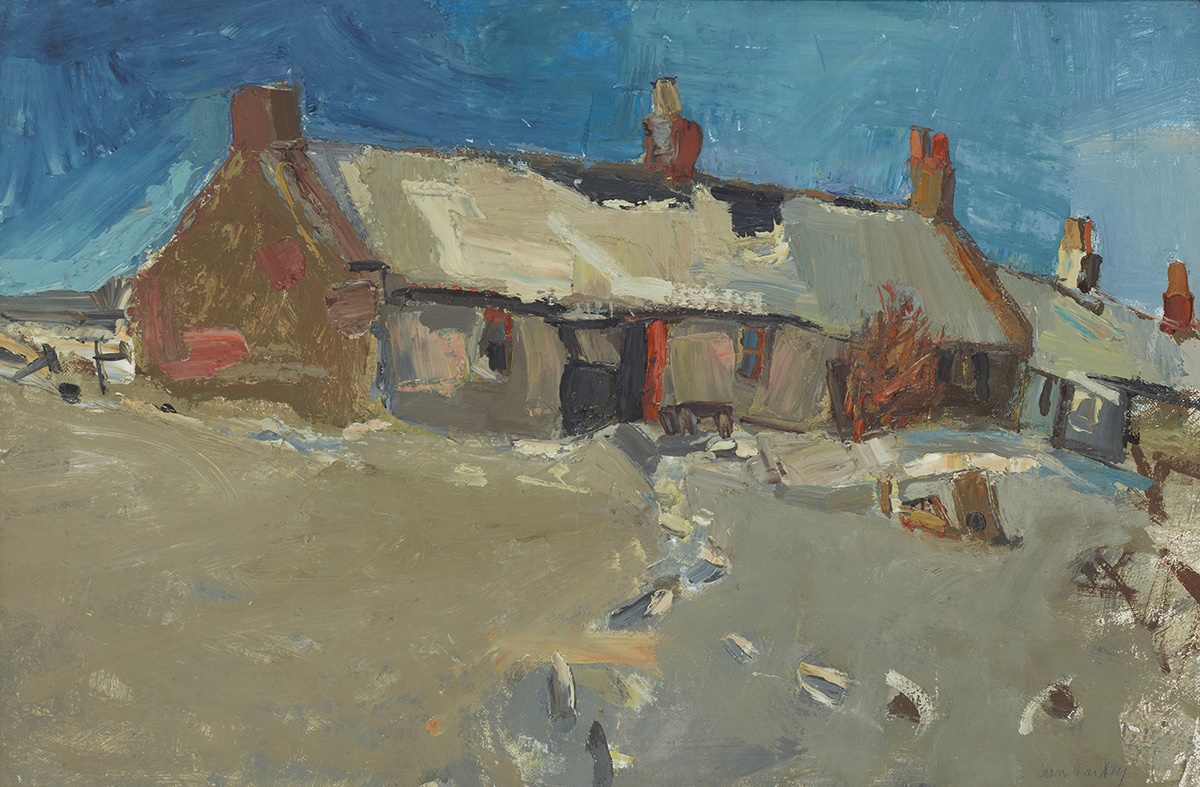 JOAN EARDLEY R.S.A. (SCOTTISH 1921-1963) FOOTSTEPS IN THE SNOW, THE ROW, CATTERLINE