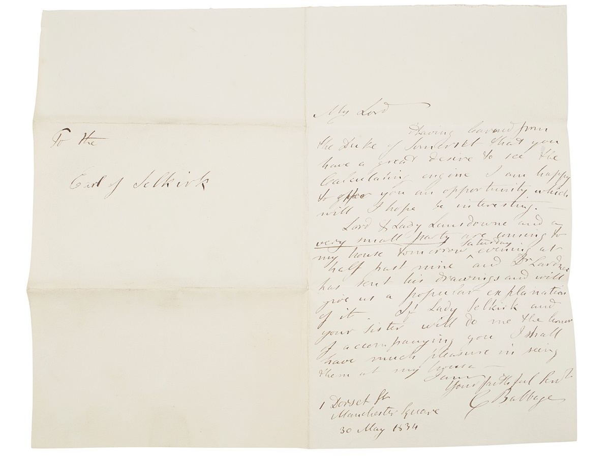 BABBAGE, CHARLES (1791-1871) AUTOGRAPH LETTER SIGNED ON HIS 'CALCULATING ENGINE'