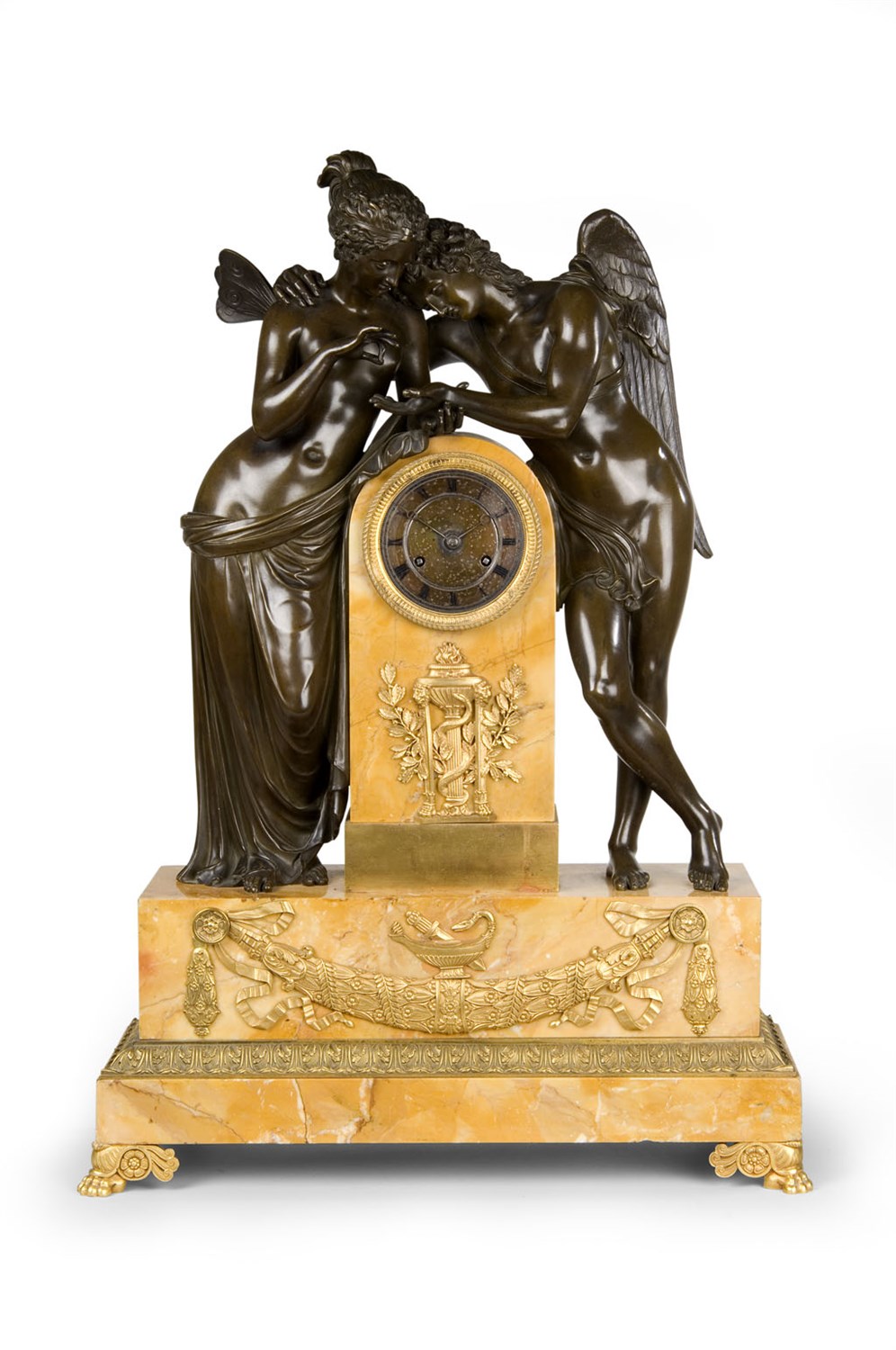 Lot 456 - A large French Siena marble and parcel-gilt-bronze mantel clock, in Empire style, circa 1850