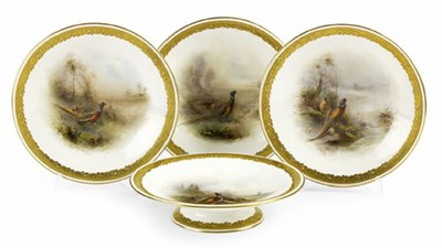 Lot 160 - A set of four Royal Worcester circular game bird painted comports<br/>By James Stinton