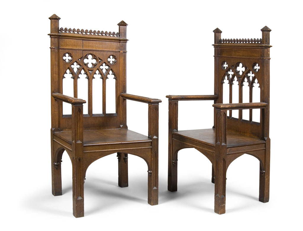 Lot 509 - A pair of Gothic revival oak chairs, 19th century