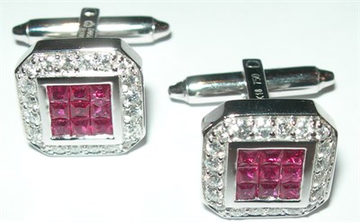Lot 61 - A pair of contemporary ruby and diamond set cuff links