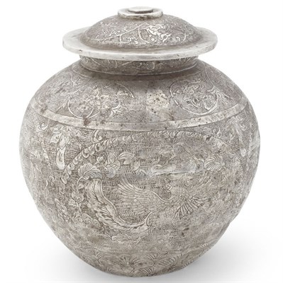 Lot 91 - RARE CHINESE CHASED AND ENGRAVED SILVER JAR AND COVER