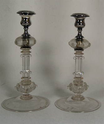 Lot 176 - A pair of continental mounted glass candlesticks