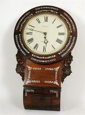 Lot 166 - EARLY VICTORIAN ROSEWOOD AND MOTHER OF PEARL INLAID HANGING WALL CLOCK