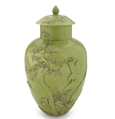 Lot 61 - CHINESE MONOCHROME GREEN-GLAZED PORCELAIN VASE AND COVER