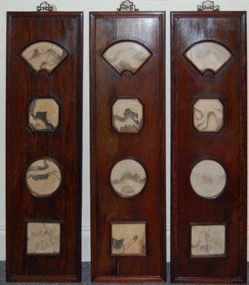 Lot 83 - THREE CHINESE DREAMSTONE AND STAINED WOOD PANELS