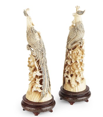 Lot 74 - PAIR OF CHINESE IVORY PHOENIXES