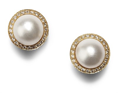 Lot 140 - THEO FENNELL - a pair of 18ct gold mounted mabe pearl and diamond set earrings