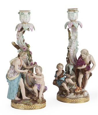Lot 137 - PAIR OF MEISSEN PORCELAIN CANDLESTICKS EMBLEMATIC OF SPRING AND WINTER