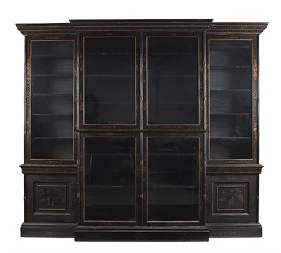 Lot 57 - GEORGE III JAPANNED BREAKFRONT LIBRARY BOOKCASE