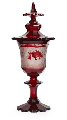 Lot 141 - BOHEMIAN RUBY FLASHED GLASS VASE AND COVER