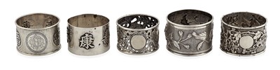 Lot 173 - GROUP OF FIVE CHINESE EXPORT SILVER NAPKIN RINGS
