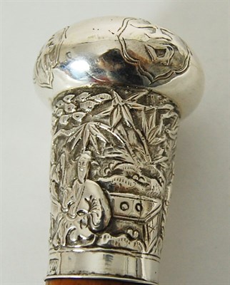 Lot 79 - CHINESE EXPORT SILVER AND MALACCA WALKING STICK