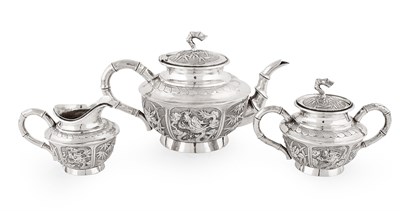 Lot 85 - CHINESE EXPORT SILVER THREE PIECE TEA SERVICE