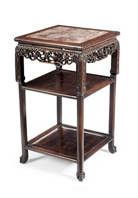 Lot 34 - CHINESE CARVED HONGMU AND MARBLE INSERT TEA TABLE