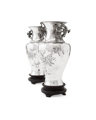 Lot 25 - PAIR OF CHINESE EXPORT SILVER VASES