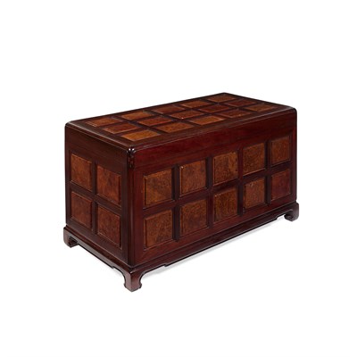Lot 45 - CHINESE HARDWOOD AND BURR WOOD PANEL CHEST