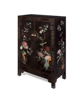 Lot 44 - CHINESE BLACK LACQUER AND HARDSTONE CABINET