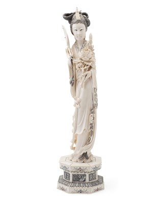 Lot 92 - CHINESE CARVED IVORY FIGURE OF A MEIREN