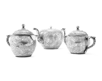 Lot 9 - CHINESE THREE PIECE PLATED PEWTER TEA SET