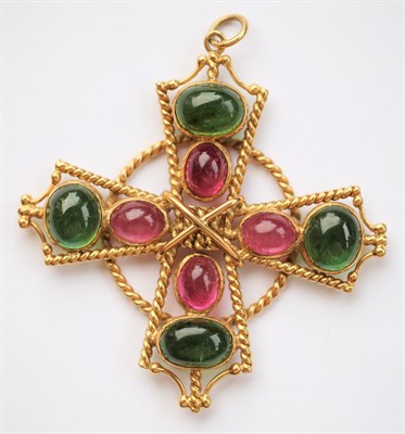 Lot 389 - An 18ct gold mounted pink and green tourmaline set pendant