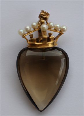 Lot 340 - A smoky quartz and cultured pearl set crowned heart form pendant
