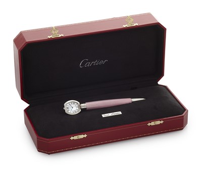 Lot 248 - CARTIER - a limited edition pink guilloche enamelled pen with watch terminal