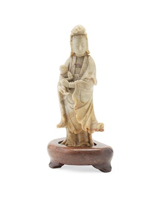 Lot 191 - CHINESE CARVED SOAPSTONE FIGURE OF GUANYIN AND INFANT