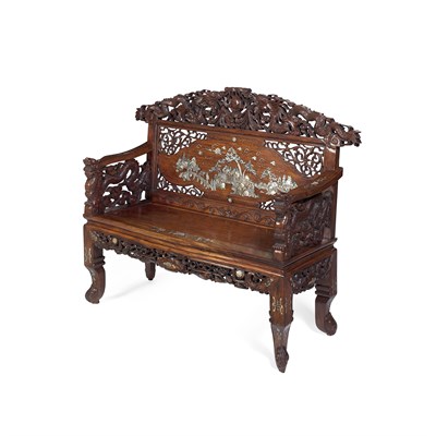 Lot 52 - CHINESE HARDWOOD AND MOTHER OF PEARL INLAID BENCH